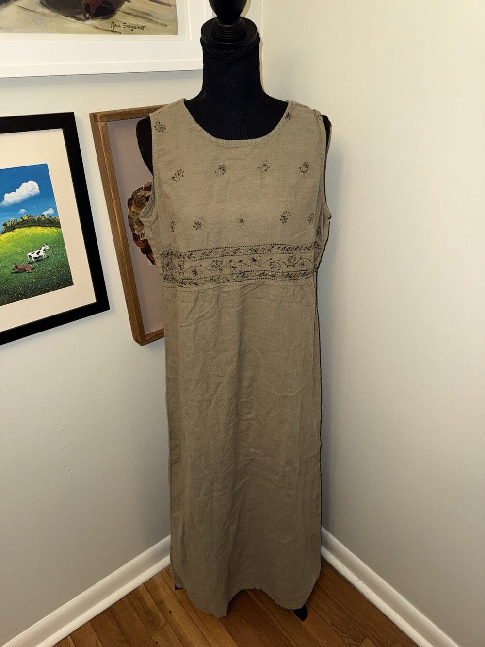 I.V.Y Women’s Green Floral Embroidered Maxi Dress Linen Sleeveless Lagenlook 14